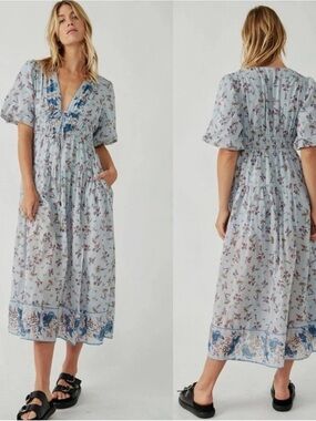 Free People Lysette Floral Midi Dress with V-Neck